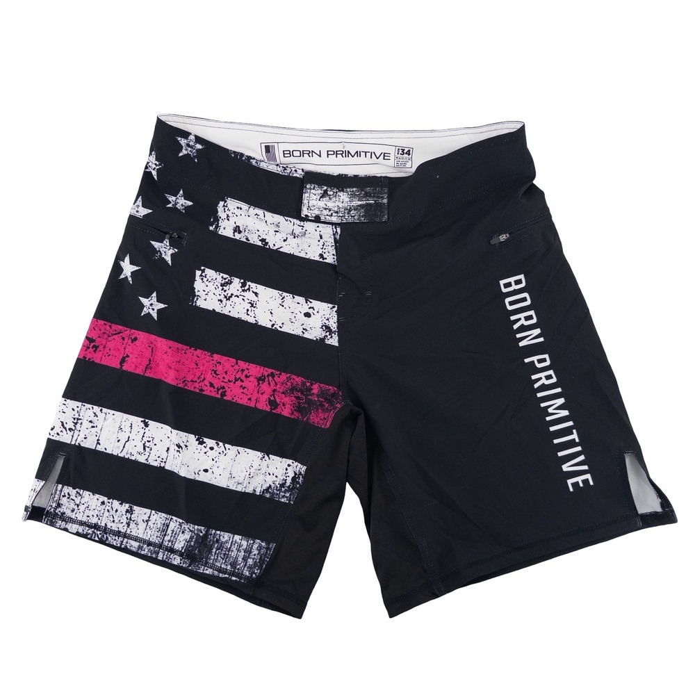 Born Primitive Mens 34 Training Shorts Black Pink Thin Line Flag Athletic WOD